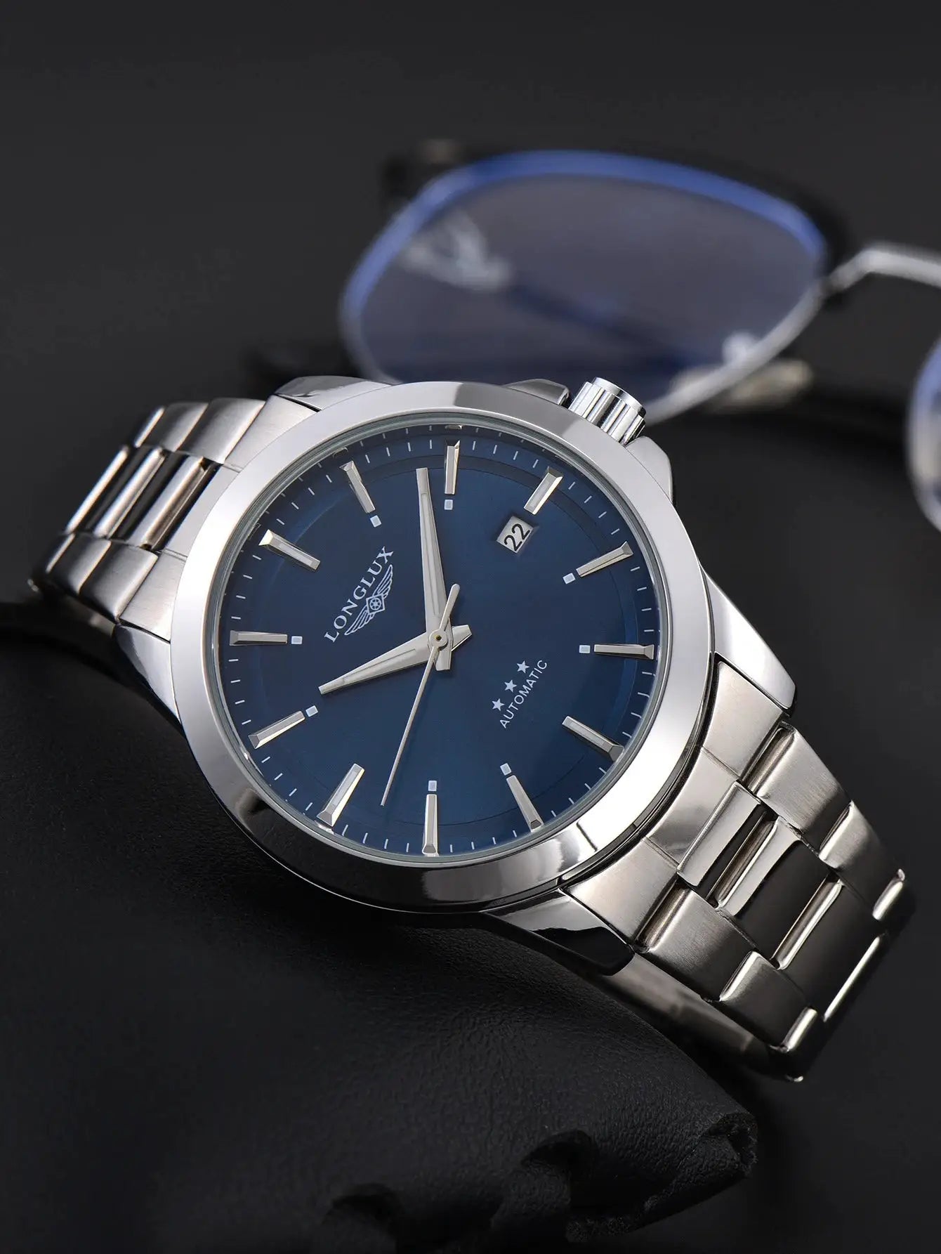 Longlux automatic stainless steel men's watch with blue dial and date window