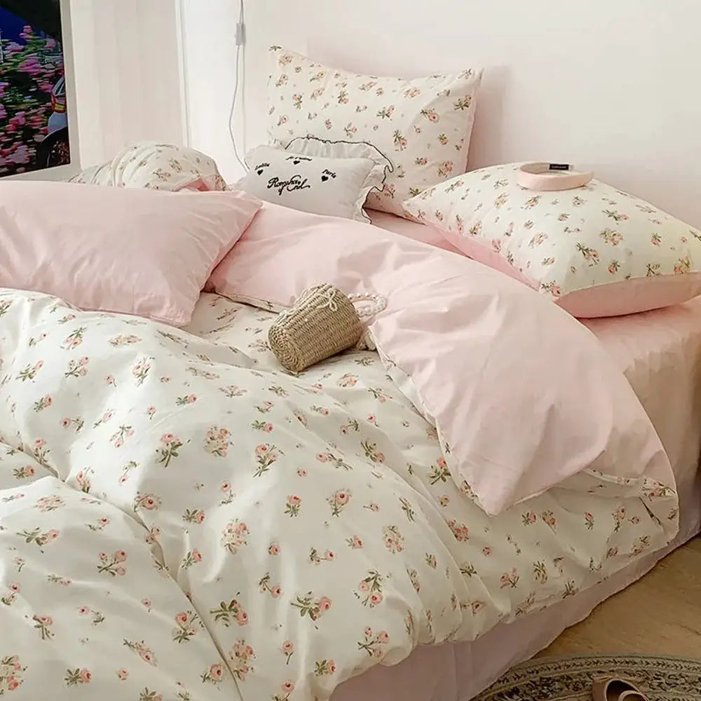 Pink floral bedding set, 4-piece with duvet cover, flat sheet and pillowcases
