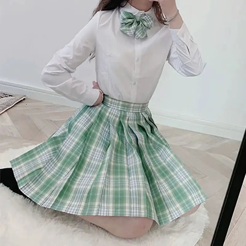 ZOKI plaid women pleated skirt with bow knot; green and white high-waist mini skirt