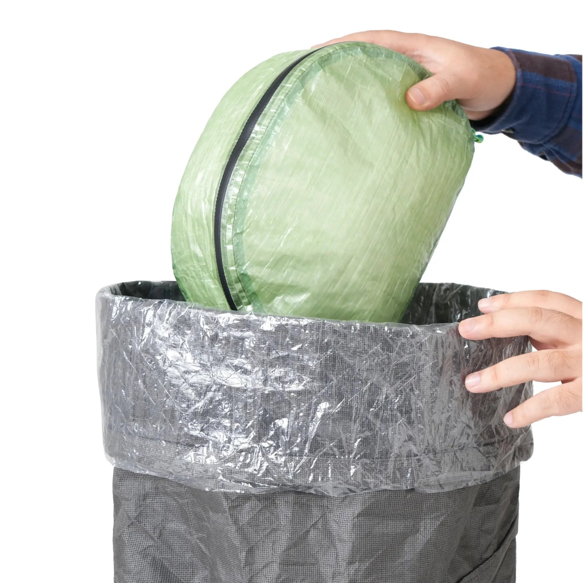Backpack liner bag by Simples Market; green ultralight polycro dry bag inserted into a gray waterproof inner liner