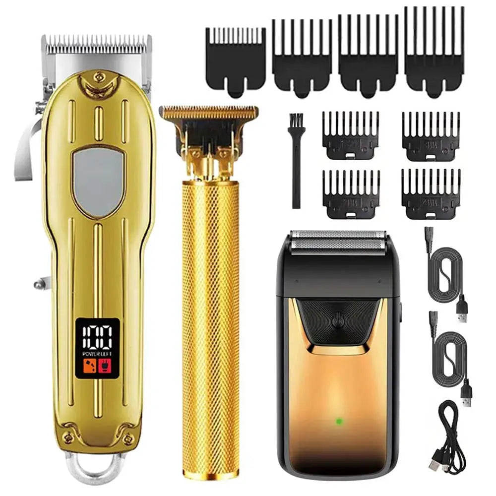 Professional gold hair clipper and trimmer set by Simples Market with multiple guide combs and USB charging cable