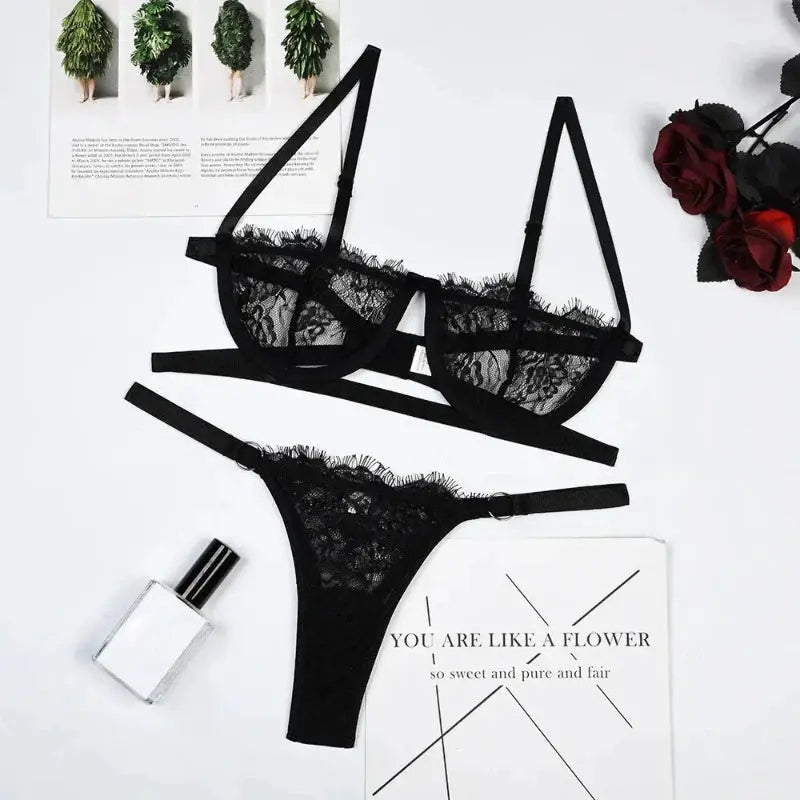 LaceLuxe Embroidered Sheer Lingerie Set With Push Up Bra And Brief For Seductive Curves