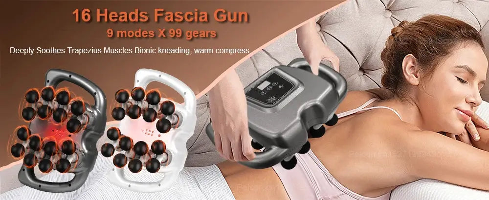 Simples Market fascia massage guns, 16-head full-body massagers, grey and white handheld devices.