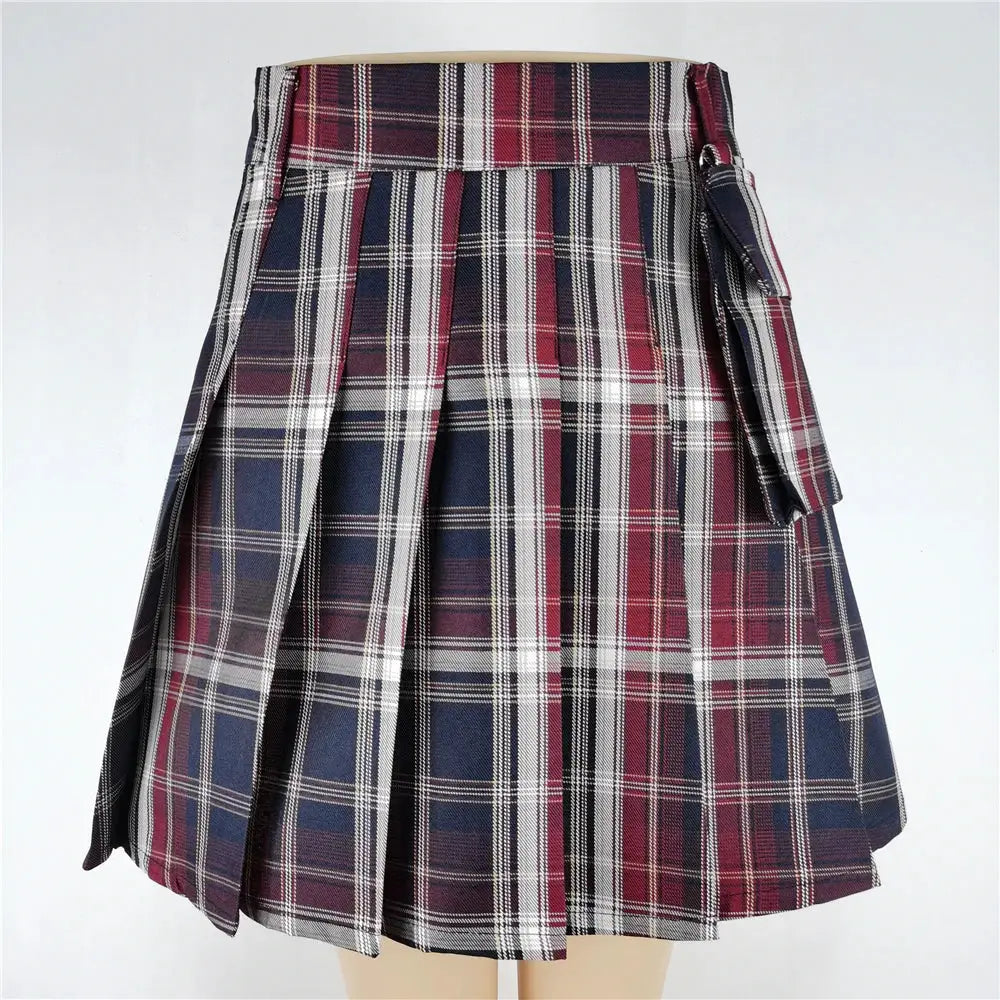 Simples Market plaid high-waist pleated skirt with side tie belt in red navy white check pattern