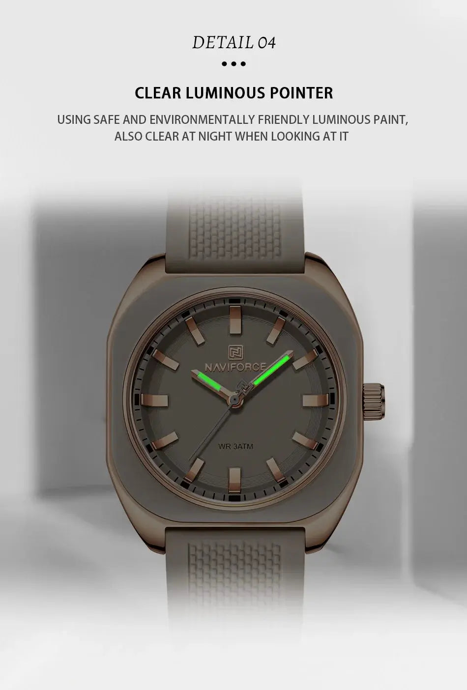 NAVIFORCE women's silicone wristwatch with rose-gold case, gray dial, light gray strap and green luminous hands