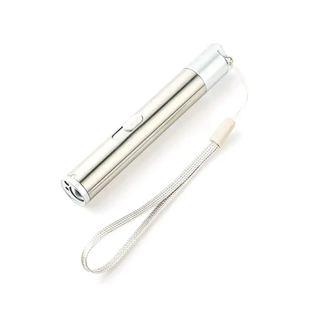Pointer USB charging 3-in-1 flashlight with a silver metal body and wrist strap.
