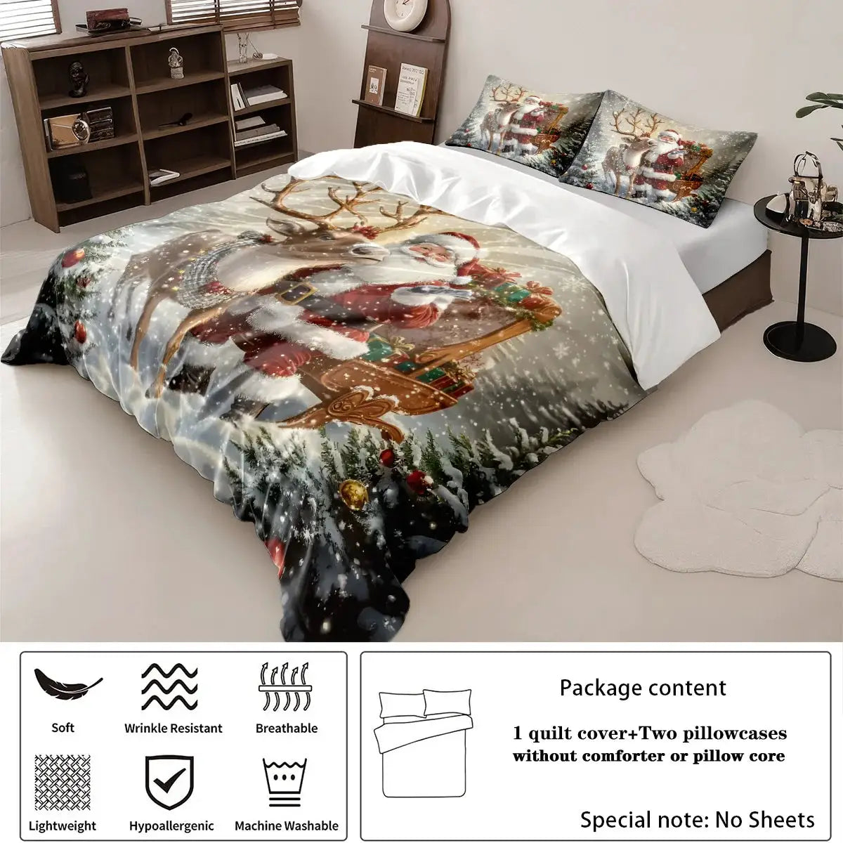 3pc Santa Claus bedding set by Simples Market; reindeer print, quilt cover + 2 pillowcases, soft and machine washable.