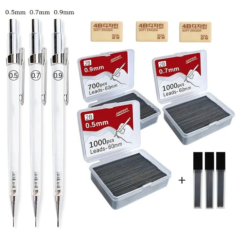 Simples Market transparent plastic mechanical pencils set of three (0.5/0.7/0.9mm) with lead refills