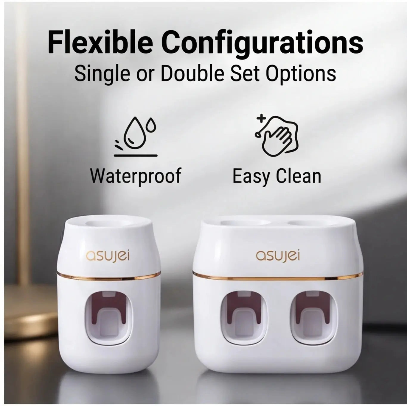Two white automatic toothpaste refill racks with rose-gold trim and purple windows, asujei branding