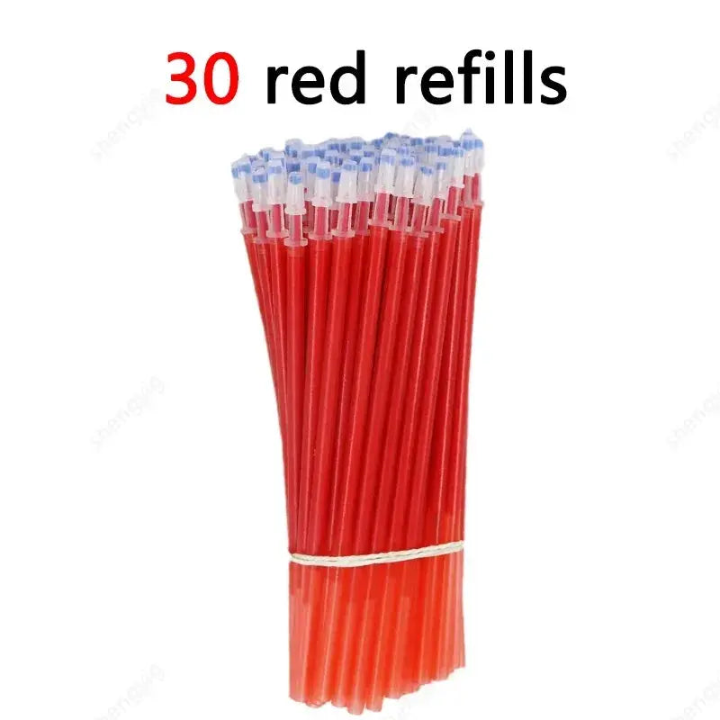 Bundle of red gel pens with blue caps, tied with a string