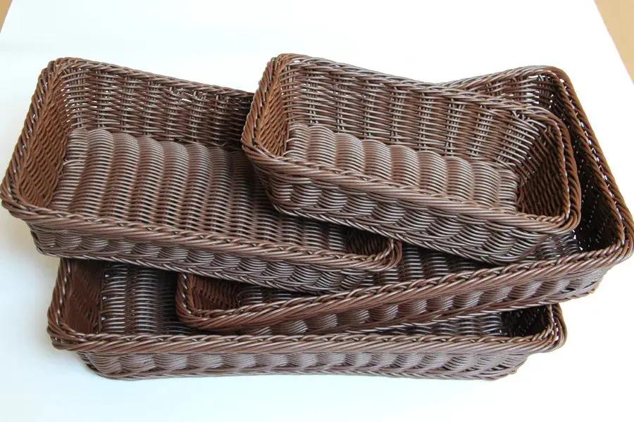 Rectangular hand-woven imitation rattan storage baskets in brown for kitchen, fruit, tea, snacks.