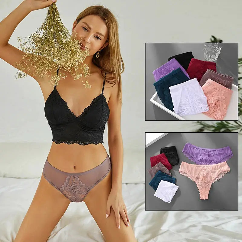 LaceBloom Women Sexy Lace Thongs Floral Solid Color G String Panties Breathable Comfort