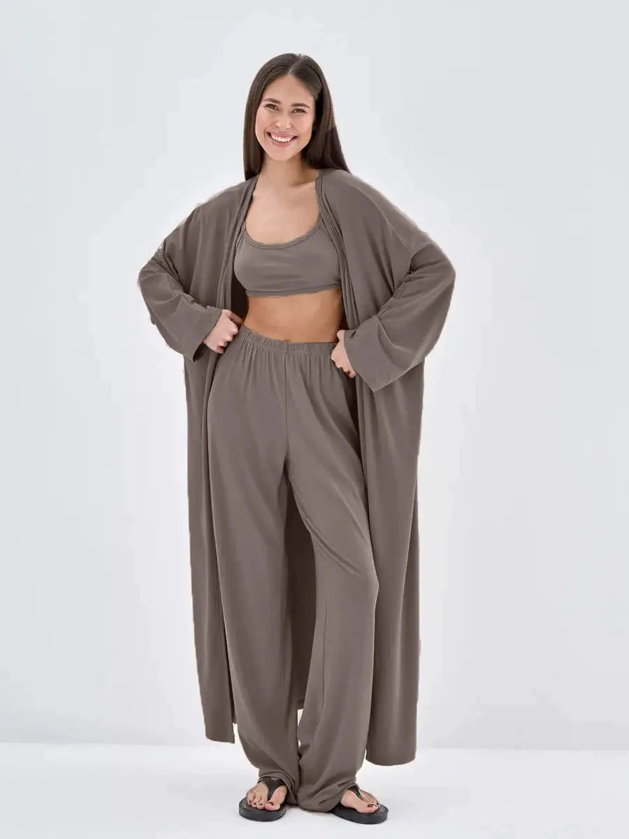 Modal Three Piece Women Set Long Sleeve Cardigan Vest High Waist Pants