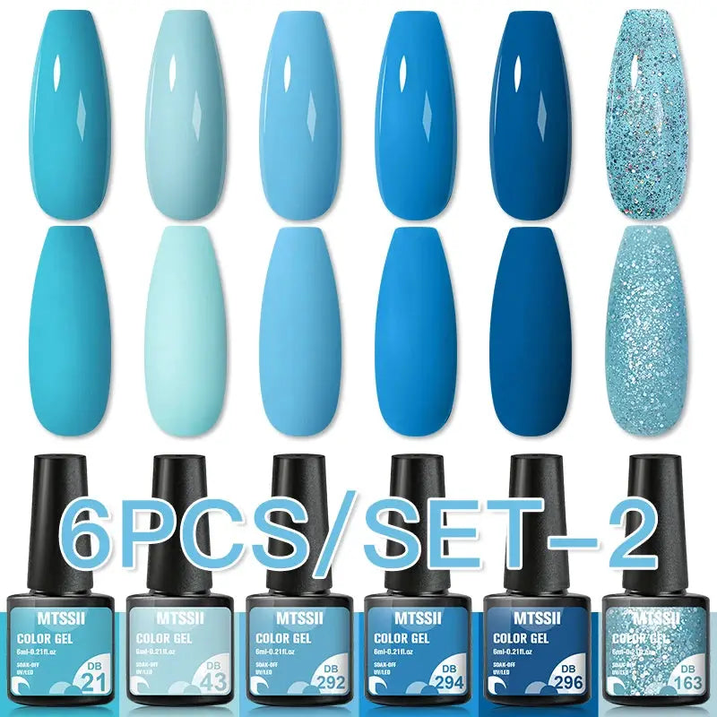 Gel nail polish set, 6-piece blue shades by Simples Market with glitter accents.