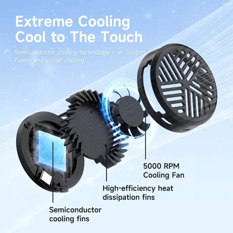 Hagibis Magnetic Cell Phone Cooler black by Simples Market; universal cooling fan with 5000 RPM and semiconductor fins.