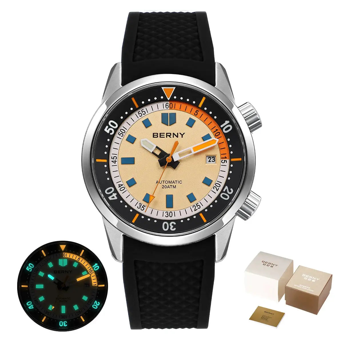 BERNY men's dive watch, beige dial with blue markers, orange hands, 200M water resistance, black textured strap.