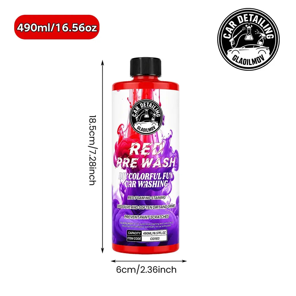 Colored Car Pre-Wash Solution foam shampoo bottle with red cap and purple swirl label, 490 ml