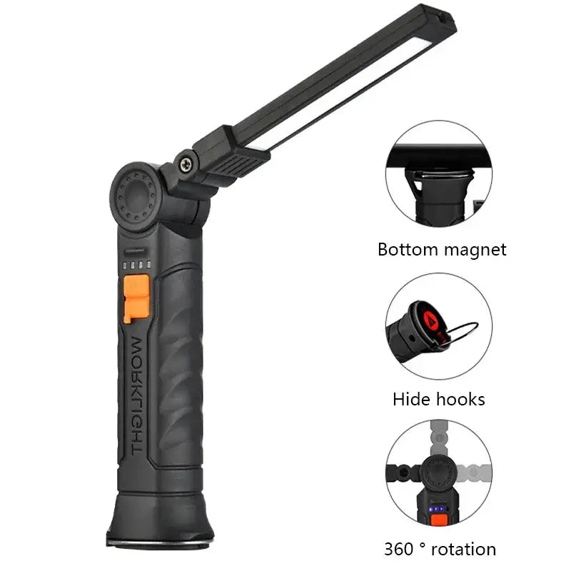 LuminaForge USB Rechargeable COB LED Flashlight Work Light with Magnetic Hook and 360 Degree Rotation
