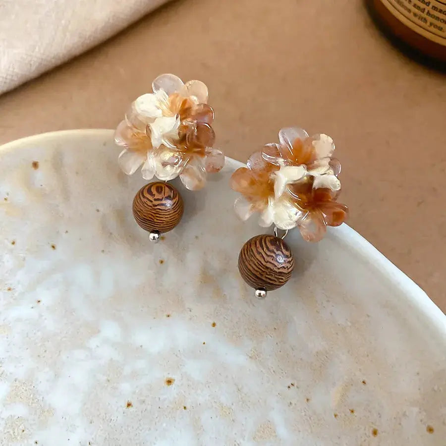 Flower Resin Stud Earrings Brown Vintage Tigers Eye Stone C Shaped Design Women Square Rhinestones Jewelry Daily Wear