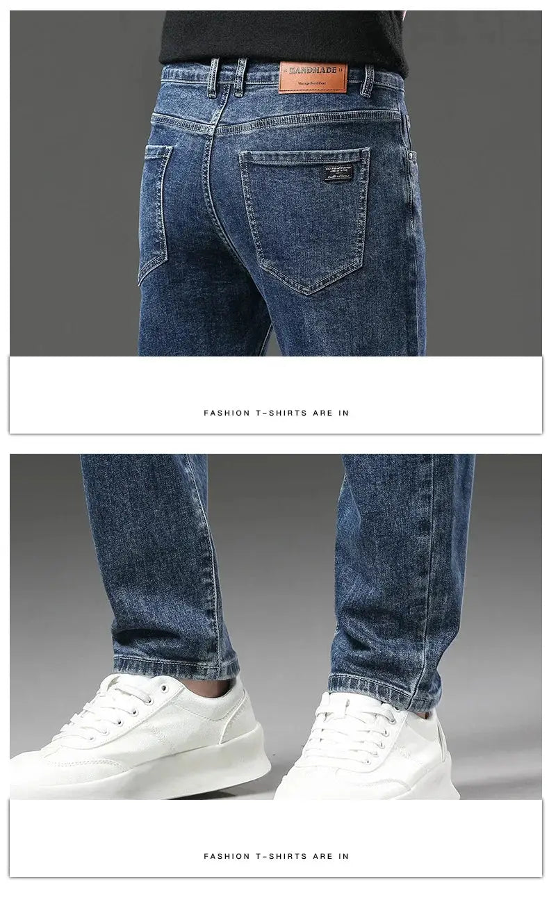 Men's winter fleece denim jeans, blue slim straight fit with back pockets and elastic waist