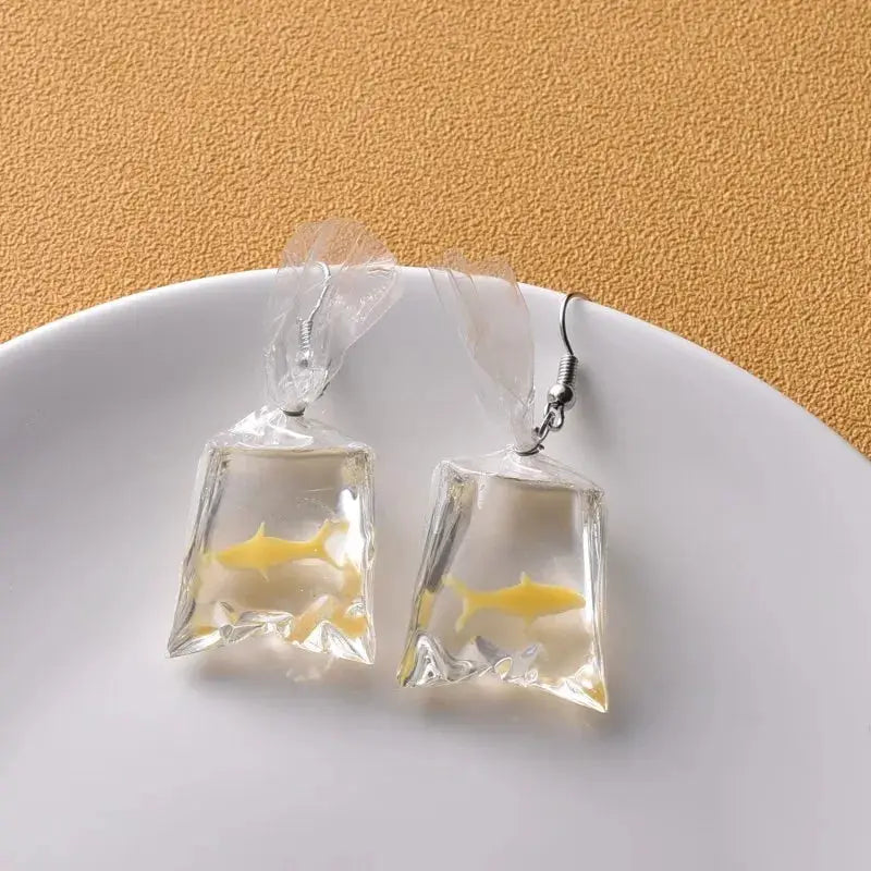 Goldfish pendant earrings, transparent square resin with yellow koi inside, pair