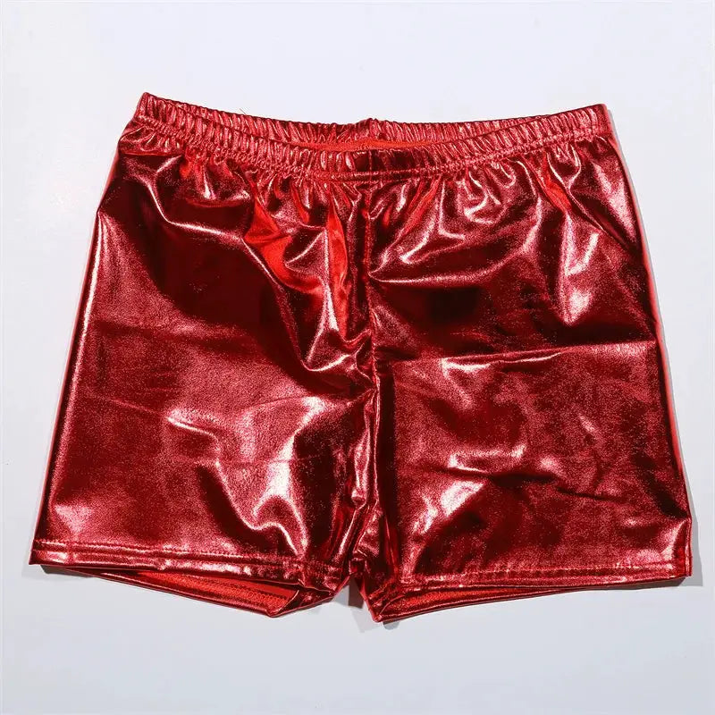Women's red metallic PU yoga shorts with mid waist for stylish workouts