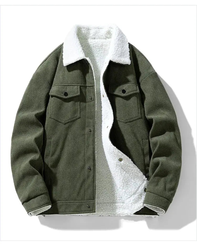 Men's green corduroy jacket with white sherpa lining