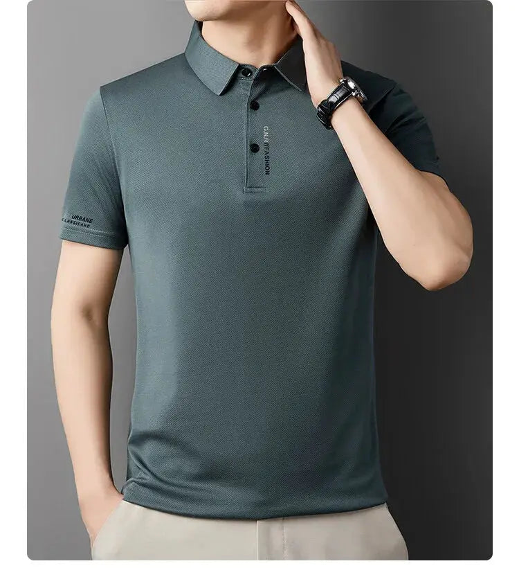 Men's ice-silk polo shirt in teal, short sleeves, casual golf top by Simples Market
