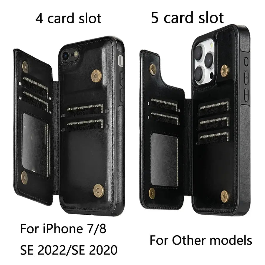 Black leather wallet case with RFID blocking and magnetic closure, 4–5 card slots for iPhone