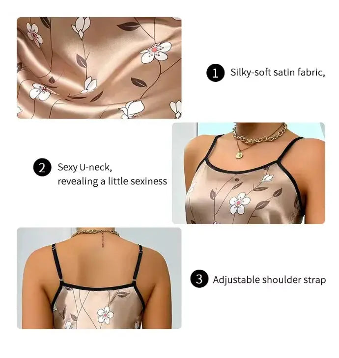 LuxeLoom Floral Satin Sleeveless Backless Nightgown For Summer Breathable Comfort Everyday Sleepwear