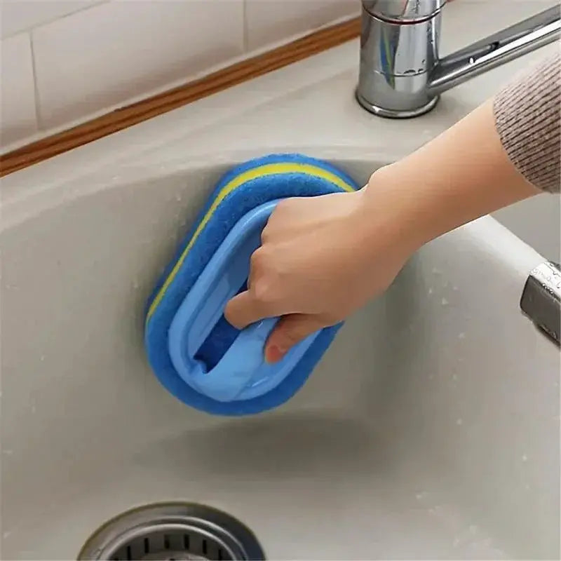 Blue sponge cleaning brush with handle for tub and sink; ergonomic dual-layer scrub.