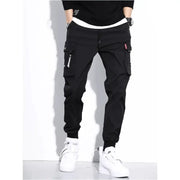 Men's black cargo work pants by Simples Market with multiple pockets and jogger cuffs.