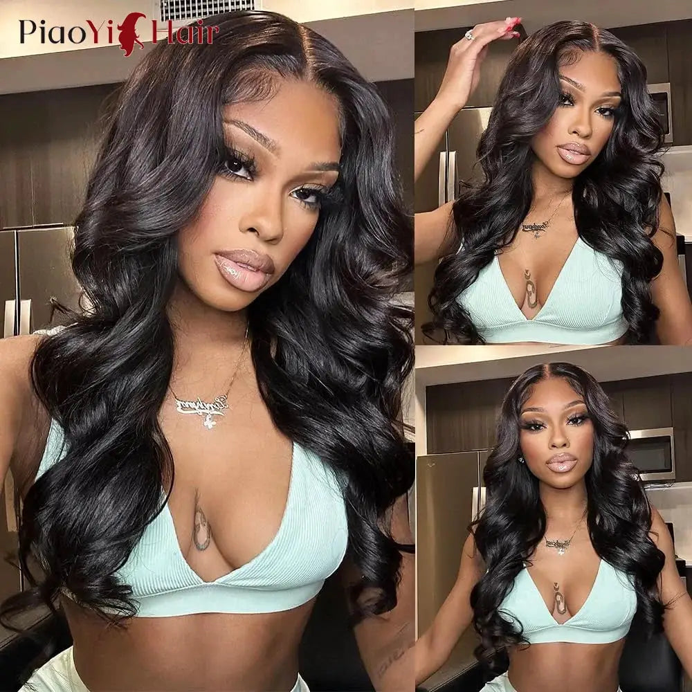 Simples Market body-wave lace frontal human hair wig, long black hair with transparent HD lace
