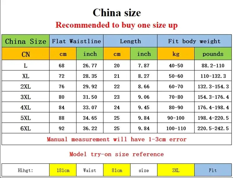 Men's boxer shorts Simples Market; ice silk breathable plus-size sizing chart with CN sizes L–6XL and waist/length.