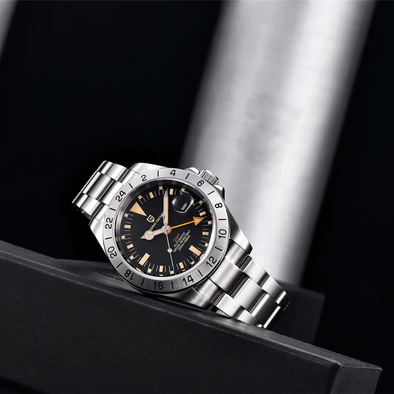 PAGANI DESIGN GMT men's stainless steel watch with black dial and orange hands, 24h bezel.