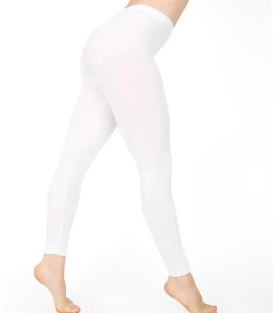 Women's white shiny elastic-waist leggings, high-stretch full-length gym pants by Simples Market.