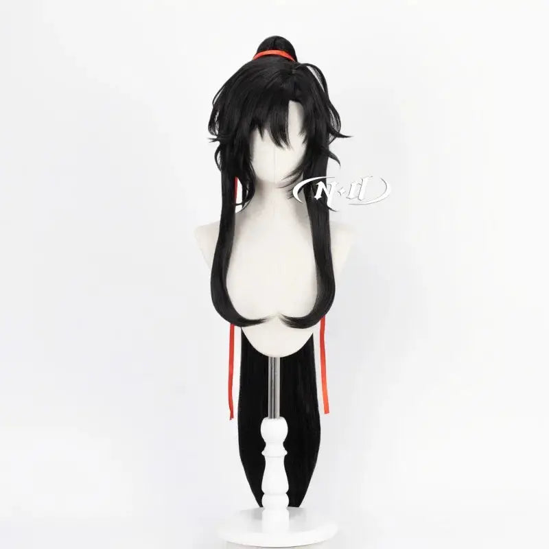 ND Wei Wuxian cosplay wig by Simples Market, long black hair with bangs and red ribbons