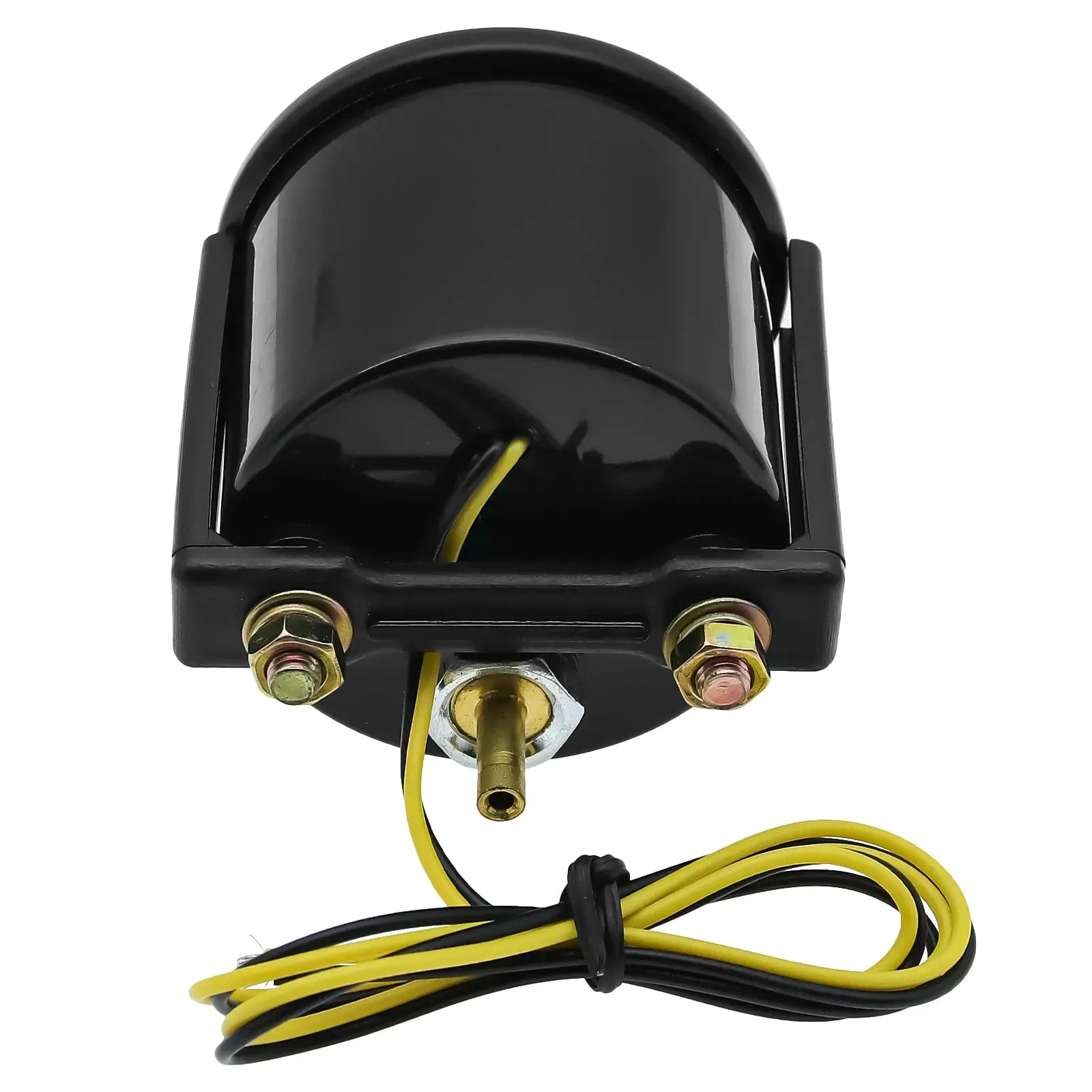 52mm black multi-function automotive gauge with yellow/black wiring harness and mounting hardware