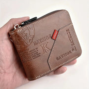 Men's brown PU leather wallet with zipper, diagonal panel accent and red tag