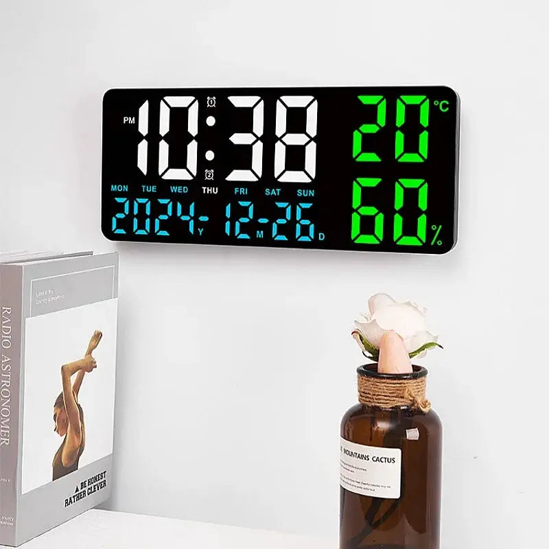 Simples Market large digital wall clock with 7-color mood LED, dual alarm, date, temp and humidity display.