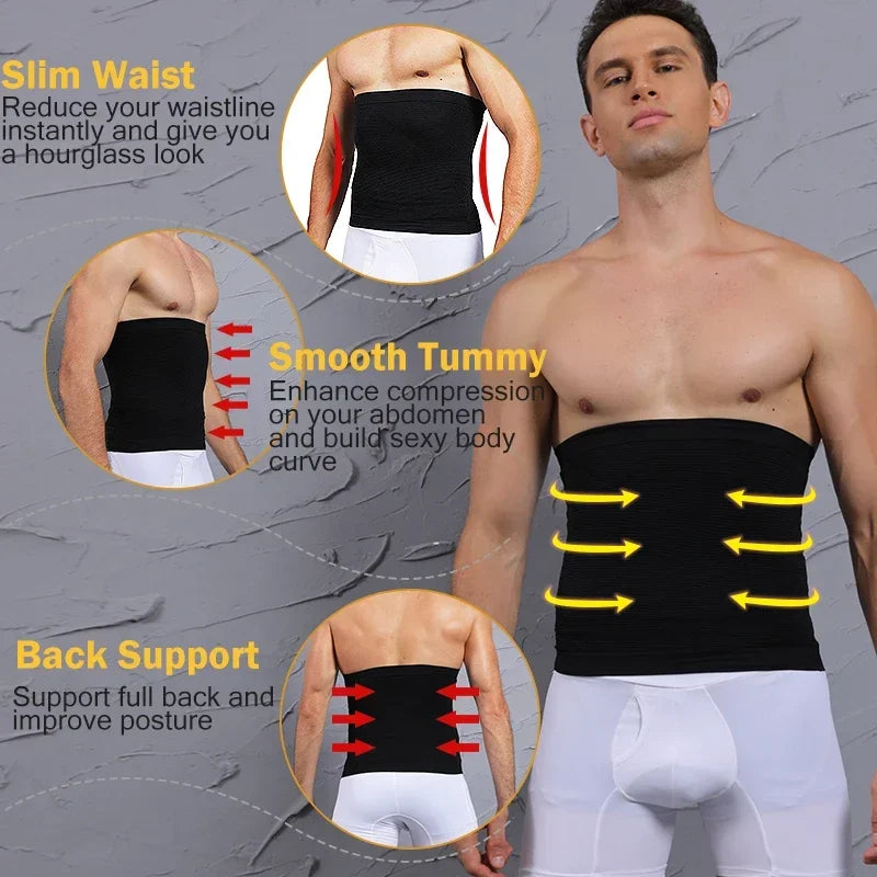 Simples Market men's black waist cincher body shaper for tummy control and back support.