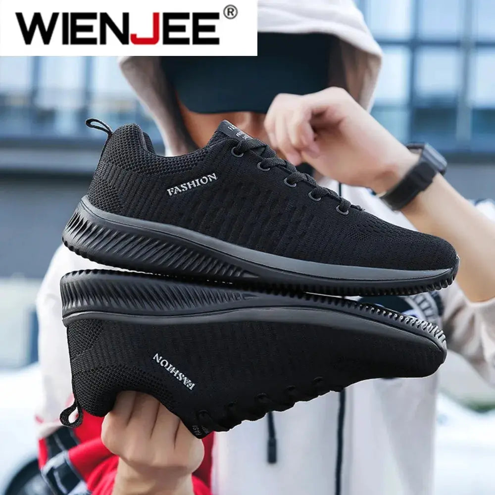 Wienjee black knit running sneakers pair breathable lightweight casual athletic shoes