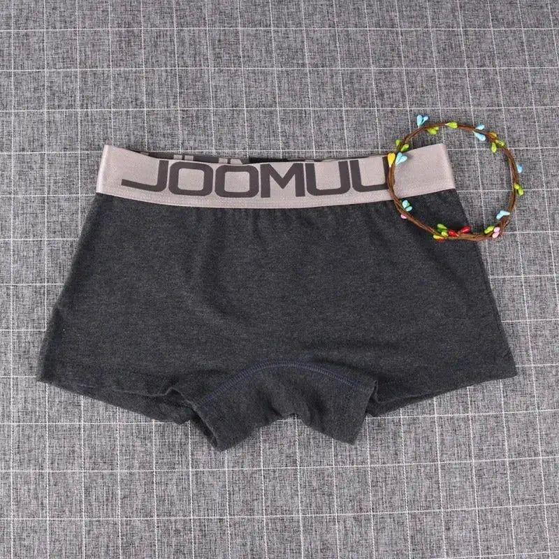 Women's charcoal gray cotton boxer briefs with pink JOOMU waistband; breathable boyshorts.