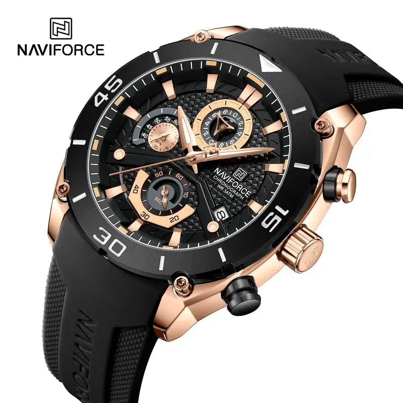 NAVIFORCE men's sport watch with black dial, rose-gold case, chronograph and rubber strap