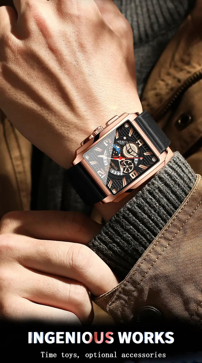 BINBOND men's square watch with rose-gold case, black leather strap, skeleton dial (Simples Market)