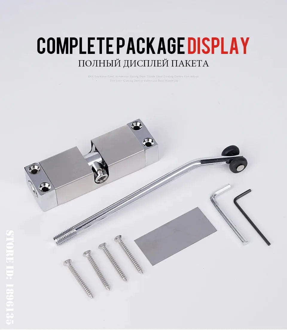 Stainless steel KAK automatic door closer kit with screws, mounting plate, hex wrenches by Simples Market