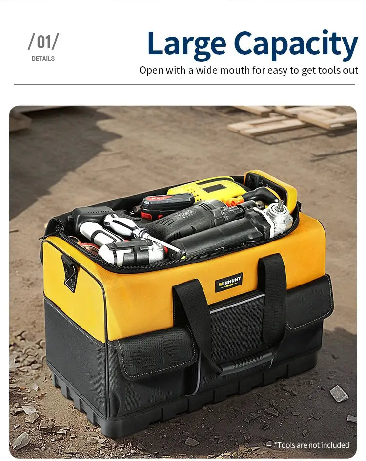WINHUNT Heavy-Duty Tool Bag, yellow/black with wide mouth and molded bottom; large capacity, Simples Market.