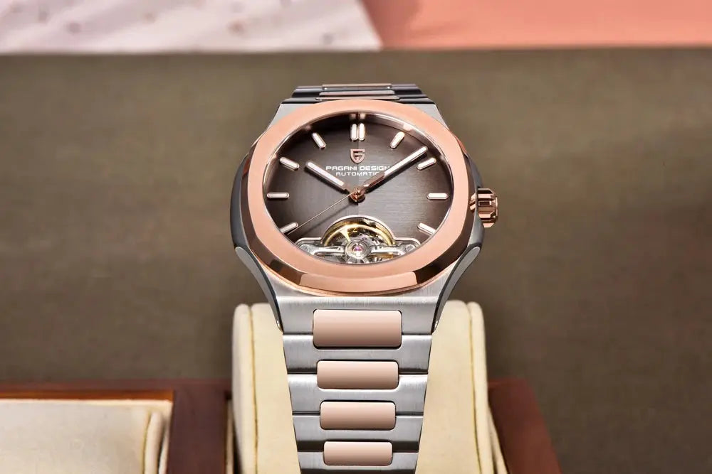 Pagani Design men's skeleton automatic watch with two-tone rose gold and silver stainless steel bracelet