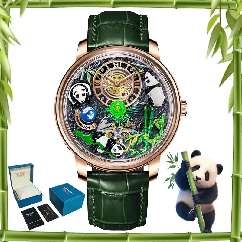 Men's Panda Series mechanical watch, rose-gold case, green leather strap, rotating crystal ball with panda motifs