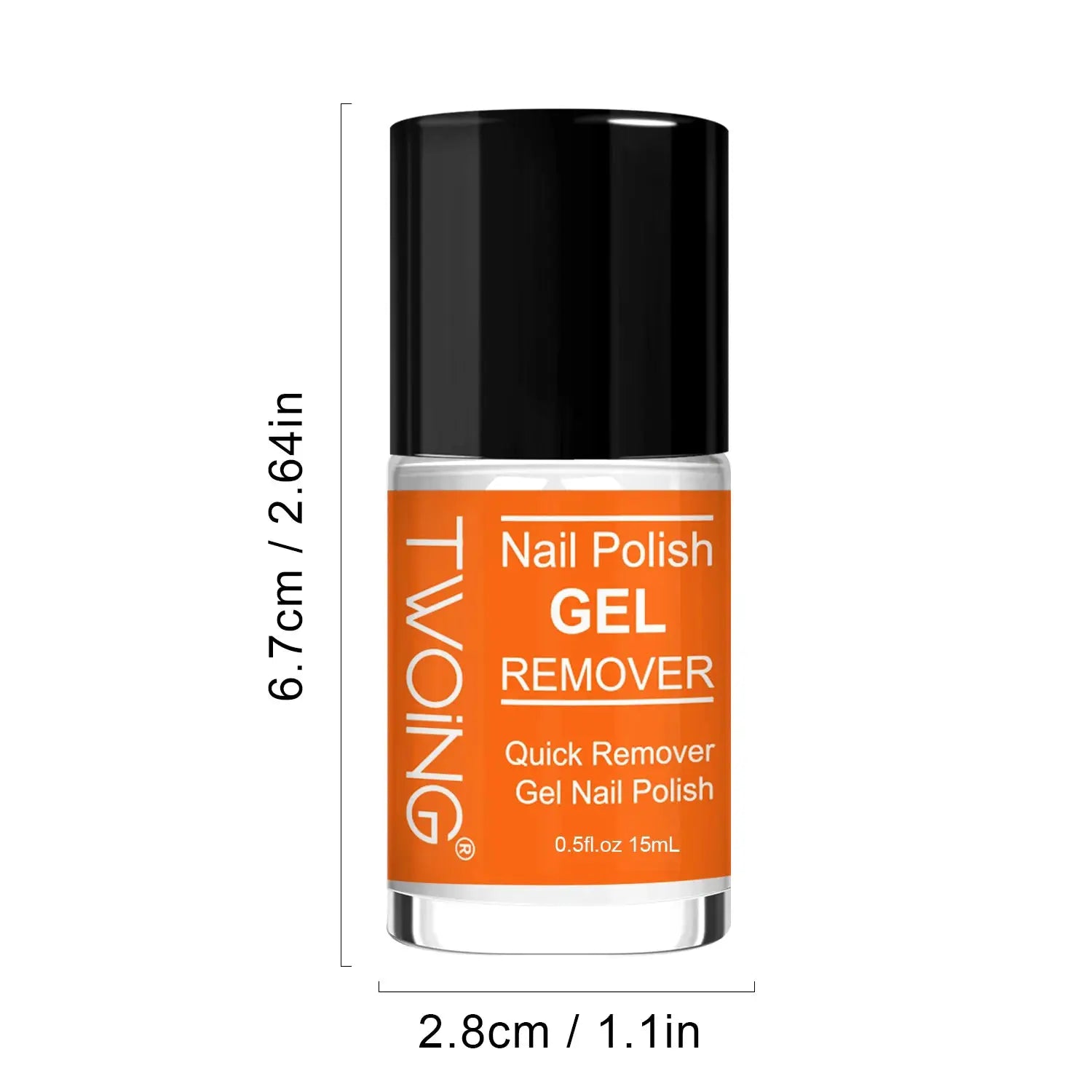 Nail Polish Gel Remover bottle by TWOING with orange label and black cap, 15ml.